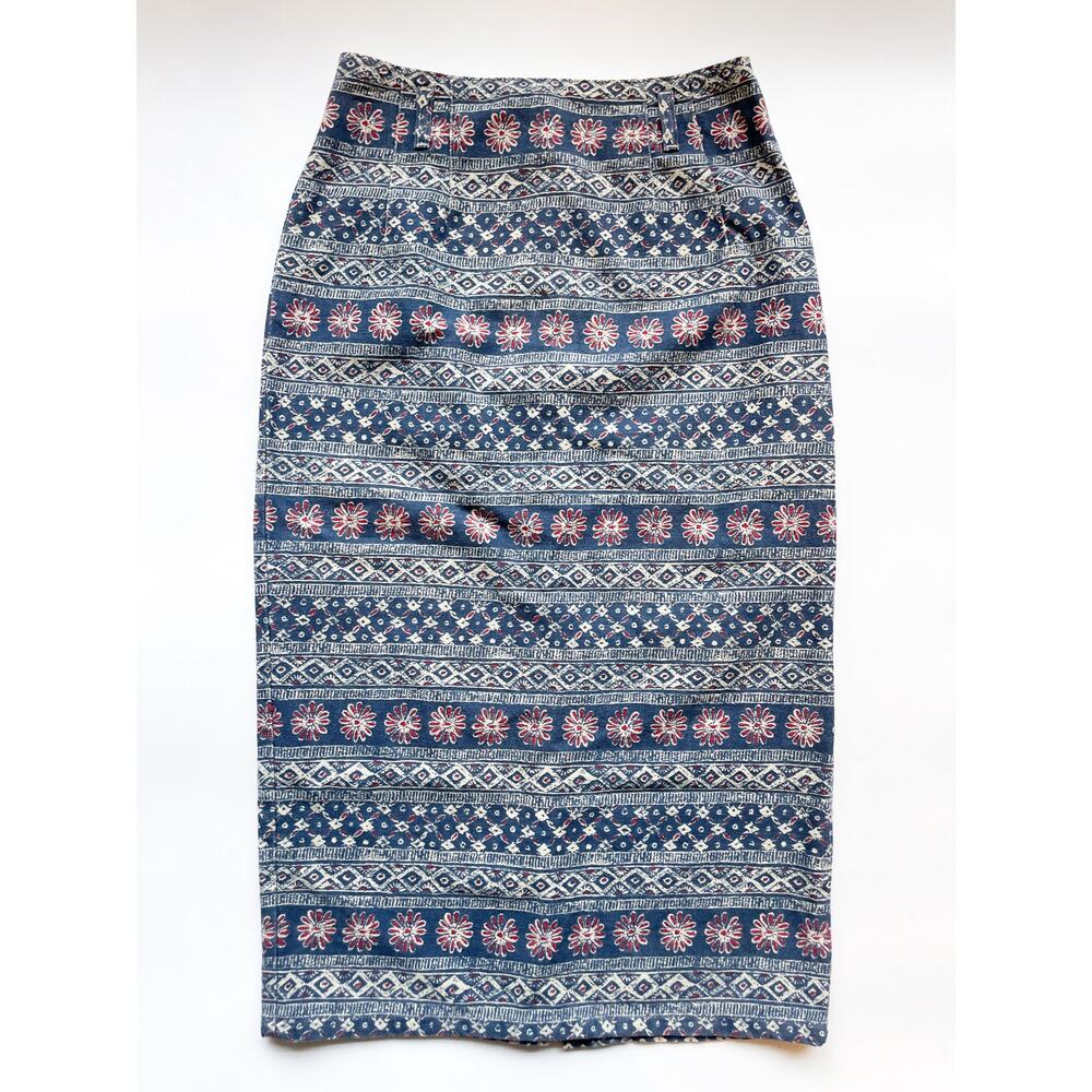 Vintage Vivaldi Jeanswear Blue Patterned Cotton Pencil Skirt Size 8